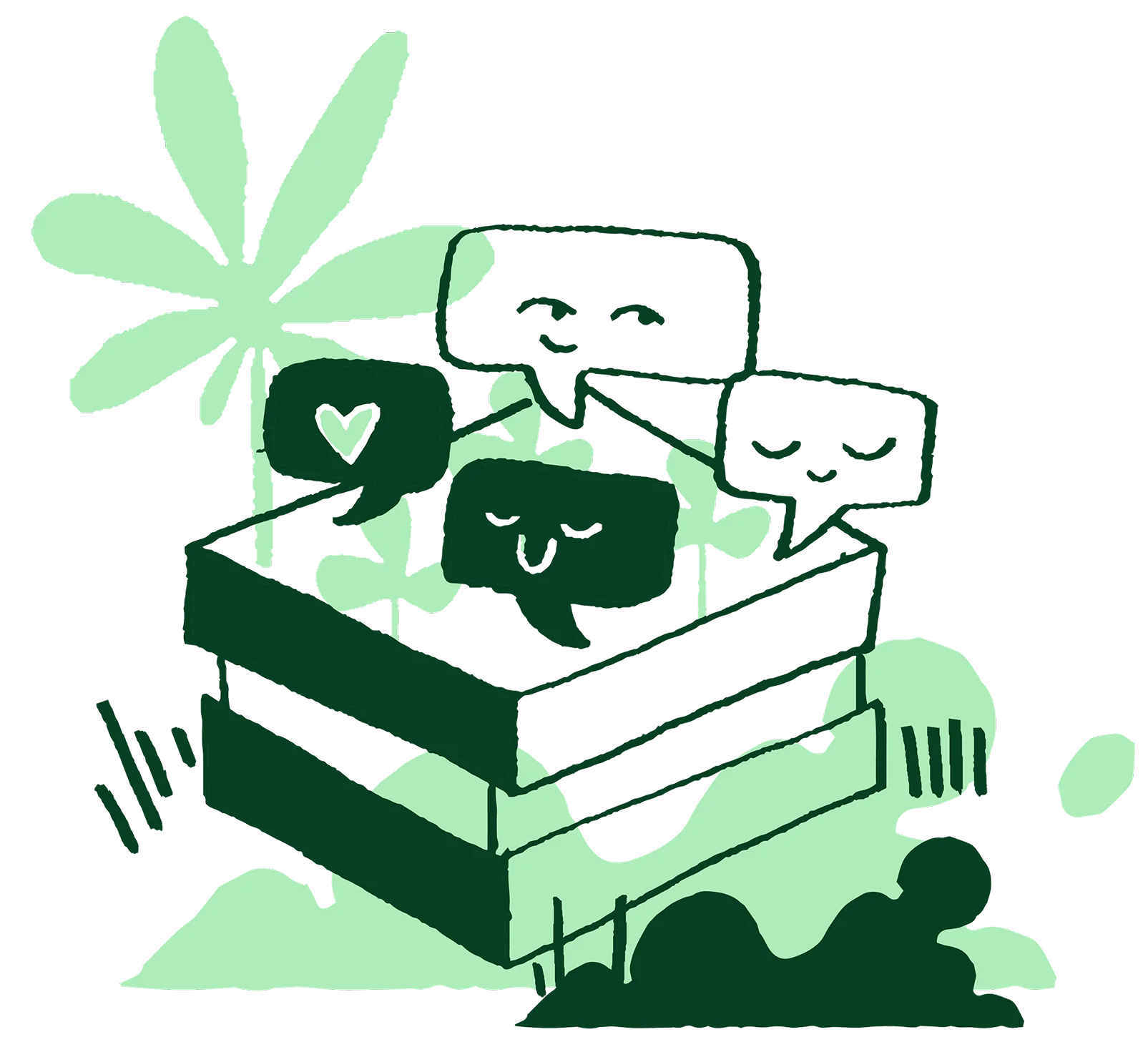 Illustration of a box with chat bubbles representing flavors